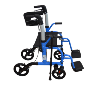 Homecare Rollator en Transportrolstoel in 1 – Met Zitting en Voetsteunen – Blauw