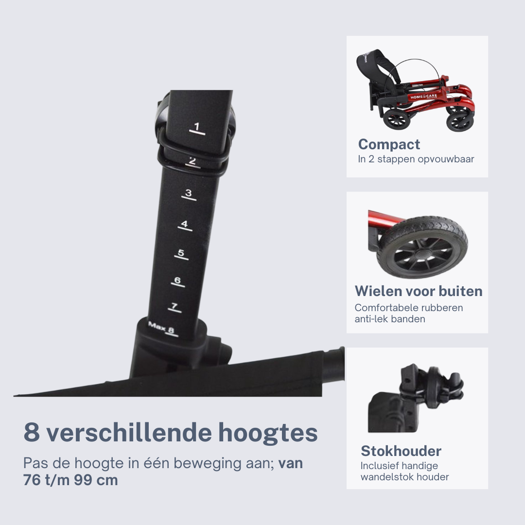 Rollator Homecare – Dubbel opvouwbaar- Rood (5,8 kg) - Afbeelding 3