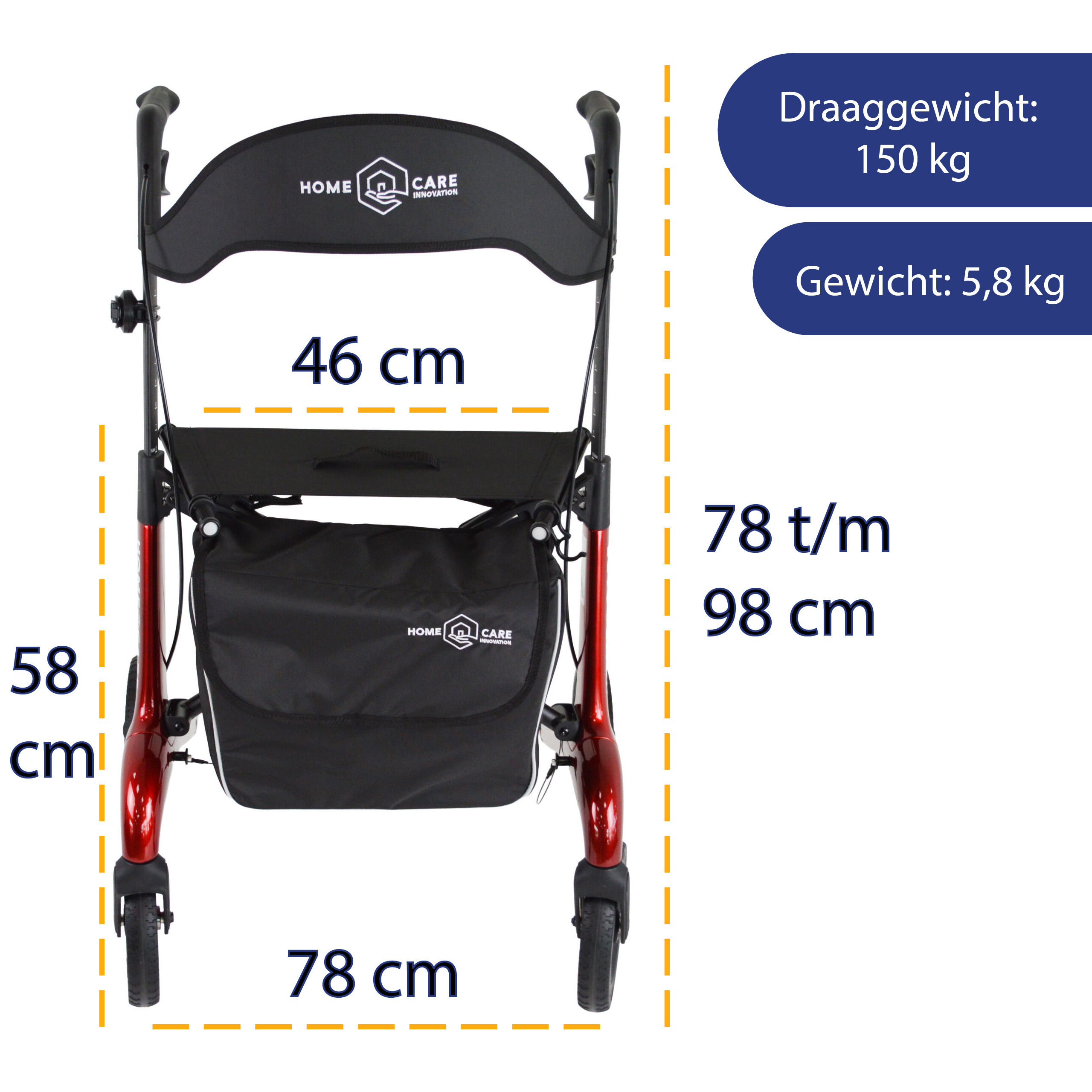 Rollator Homecare – Dubbel opvouwbaar- Rood (5,8 kg) - Afbeelding 10